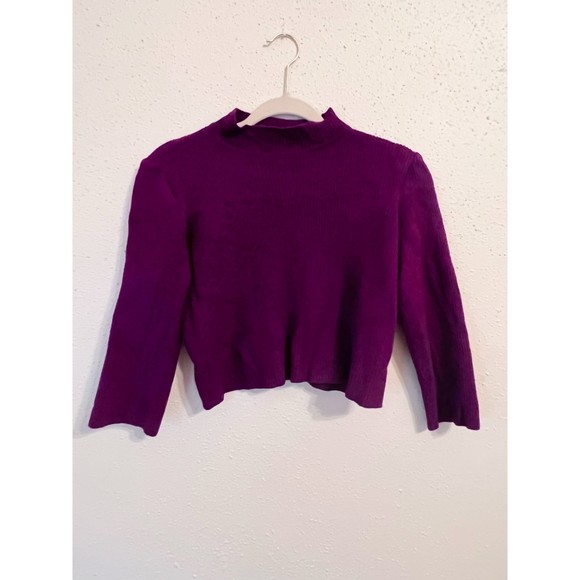 St John Collection Wool Blend Cropped Purple Turtleneck Ribbed Sweater Size L - Picture 4 of 7